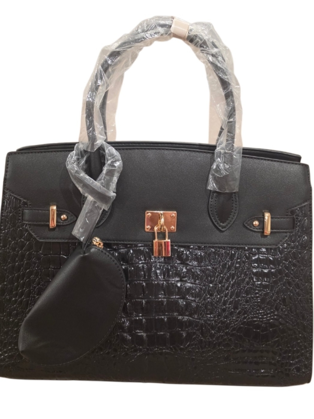 Brand New - Black Croc-Embossed Tote with Matching Wallet and Pouch